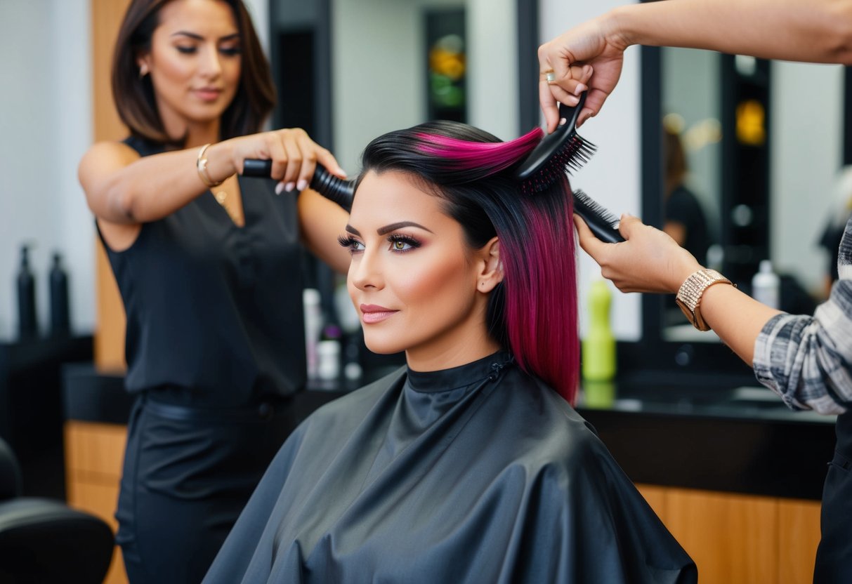 Une femme est assise dans une chaise de salon, ses cheveux étant soigneusement brossés avec une couleur riche et vibrante après un traitement de lissage brésilien.