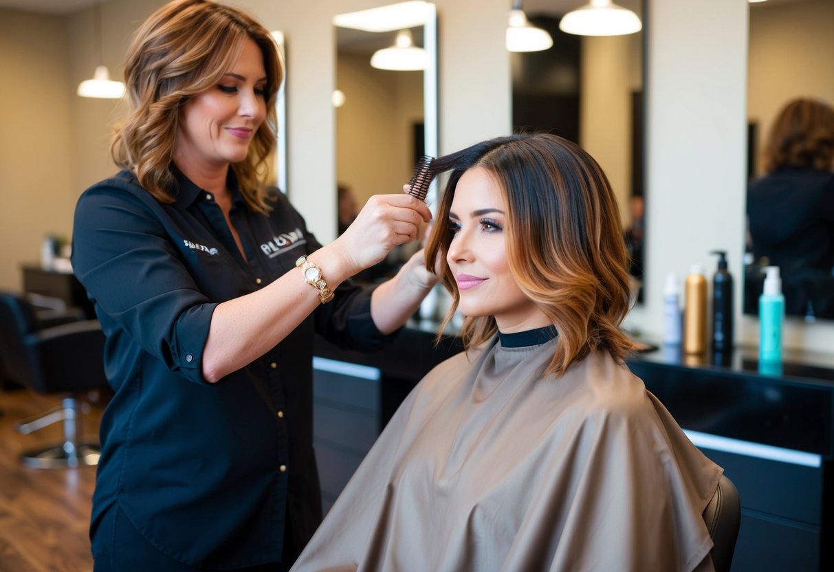 Une femme assise dans un fauteuil de salon, avec un balayage caramel appliqué à ses cheveux par un styliste.