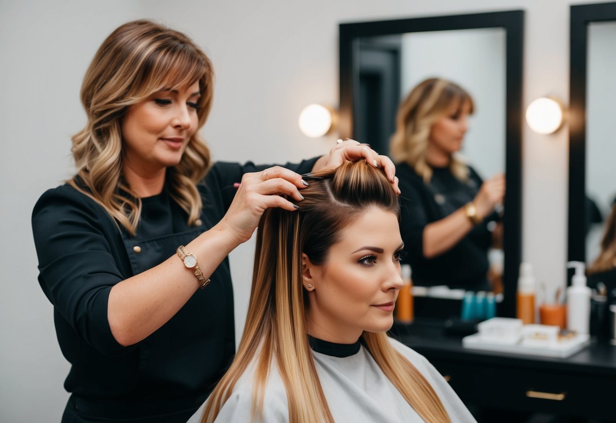 Une coiffeuse appliquant soigneusement des reflets caramel sur les cheveux d'un client