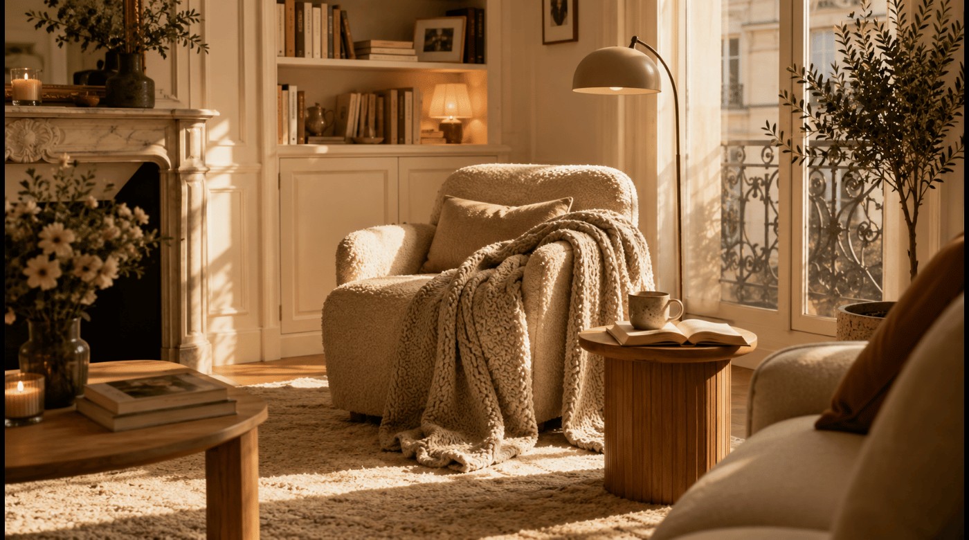 Coin lecture chaleureux avec fauteuil, plaid, tapis et lumière douce
