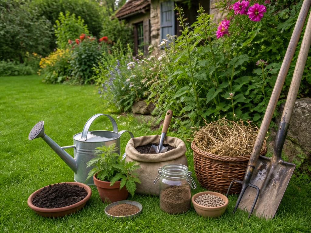 Gazon luxuriant avec outils et engrais naturels pour jardinage écologique